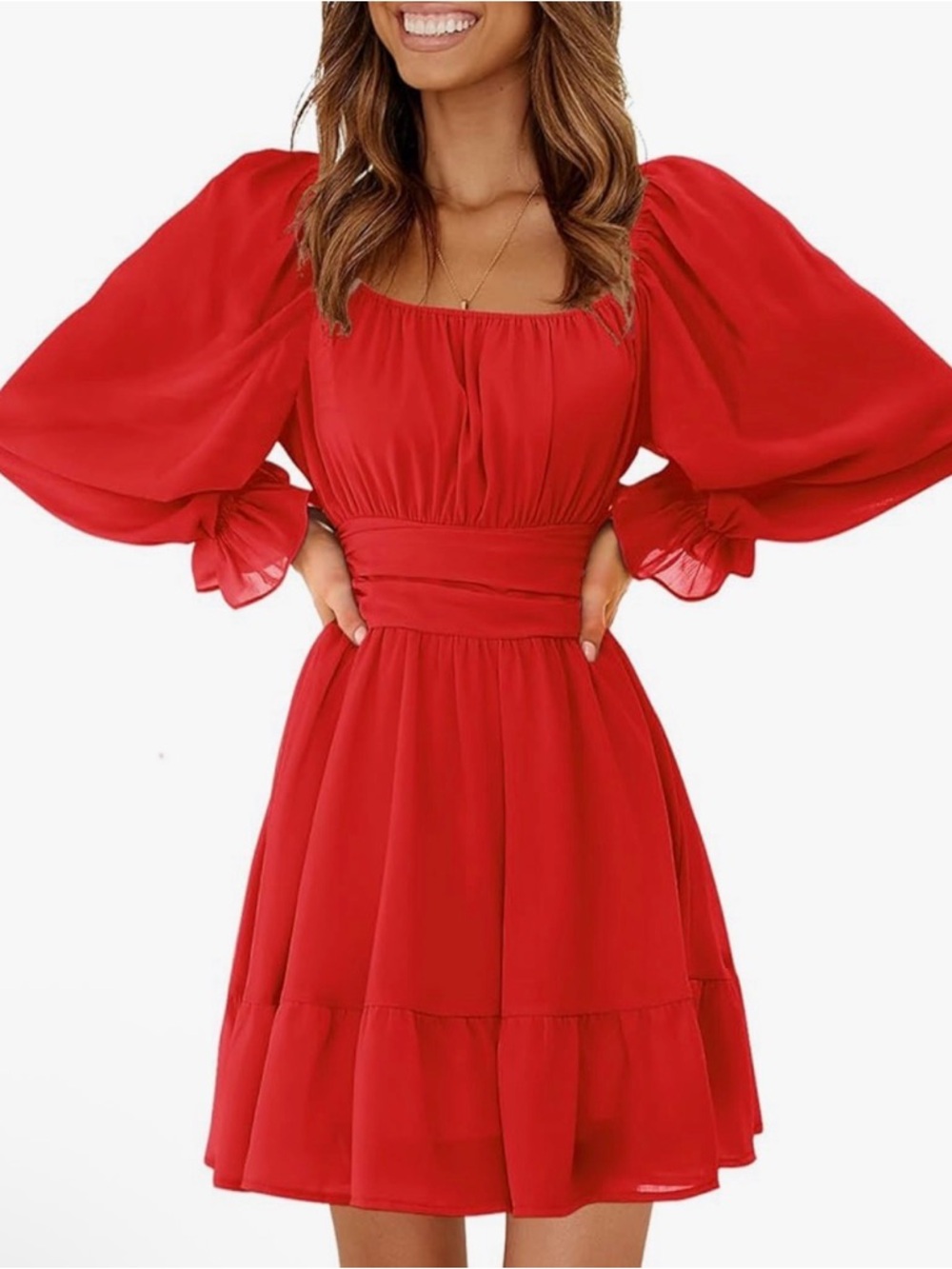 Red Square-Neck Puff-Sleeve Mini Dress